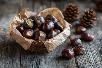 A basket of roasted chestnuts wrapped in parchment paper, set on a rustic wooden background with pinecones