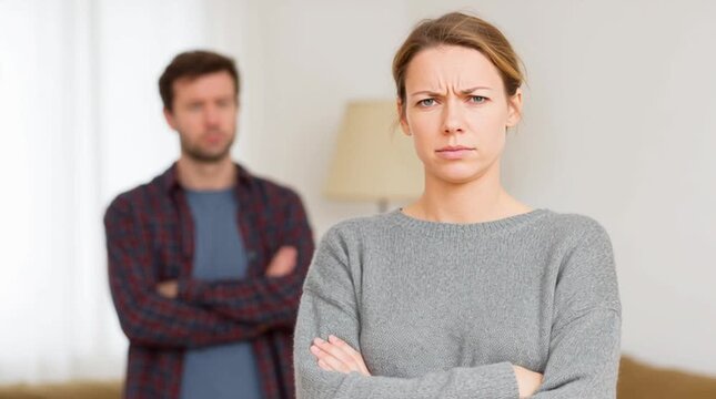 Domestic scandal. Scene. Caucasian wife scolds on her husband as she is irritated with his behaviour. Married couple quarrels