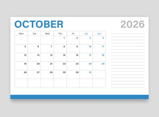 Calendar october 2026 icon in flat style. Planner vector illustration on isolated background. Calender sign business concept.