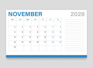 Calendar november 2026 icon in flat style. Planner vector illustration on isolated background. Calender sign business concept.