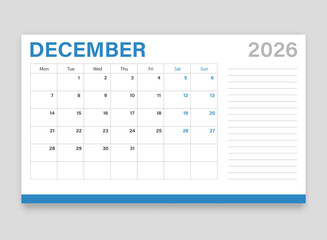 Calendar december 2026 icon in flat style. Planner vector illustration on isolated background. Calender sign business concept.