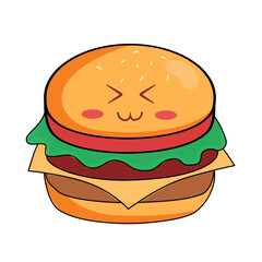 Delightful kawaii burger with smiling expression, perfect for menu designs, children's books and fun food promotions, a modern and playful illustration