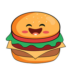 Adorable cartoon burger with a happy face, perfect for kids menus, food blogs, or restaurant promotions, adding a fun and playful touch to your designs