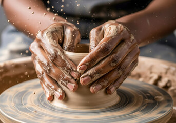 Fototapeta premium Black Hands Molding Clay Pottery Wheel Action Craft Art Creative Hobby Sculpture Close Up