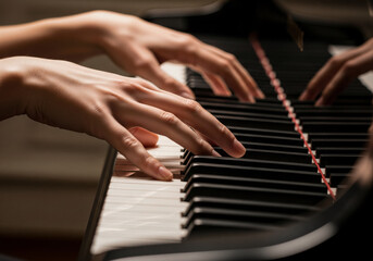 Obraz premium White Hands Playing Piano Keys Action Music Instrument Performance Classical Hobby Close Up