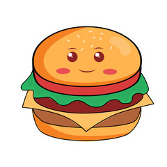Delightful cartoon burger with a cute face, perfect for kids' menus, food blogs, or fun restaurant promotions, radiating joy and deliciousness