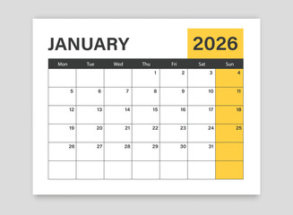 Calendar january 2026 icon in flat style. Planner vector illustration on isolated background. Calender sign business concept.