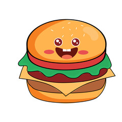 Adorable cartoon burger character with joyful expression, perfect for kids menu, fast food promotions, and playful branding featuring happy food icon
