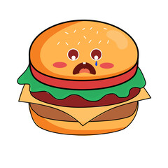 Sad burger character with tears, a whimsical food icon, perfect for expressing disappointment or food cravings humorously in social media and more