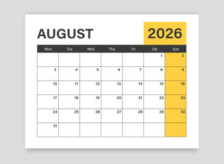 Calendar august 2026 icon in flat style. Planner vector illustration on isolated background. Calender sign business concept.
