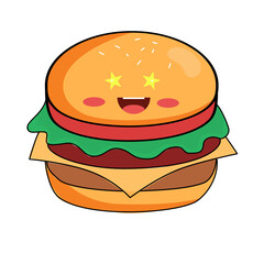 Adorable burger character with star eyes, perfect for food lovers and kids, ideal for menus, stickers, and playful designs, a fun, cute, smiling design