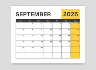 Calendar september 2026 icon in flat style. Planner vector illustration on isolated background. Calender sign business concept.