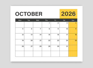 Calendar october 2026 icon in flat style. Planner vector illustration on isolated background. Calender sign business concept.