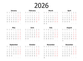 Calendar 2026 year icon in flat style. Planner vector illustration on isolated background. Calender sign business concept.