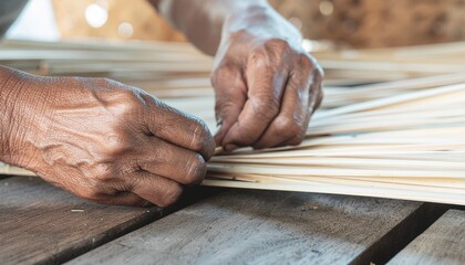 Close-up of elderly hands weaving bamboo strips, showing craftsmanship, patience, and traditional handmade art, symbolizing rural life, culture, and artisanal heritage.