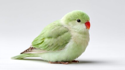 A Small Green Parrot With A Red Beak Sits On A White Surface Illuminated By Soft Light Creating A Peaceful Atmosphere And Highlighting Its Feathers