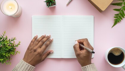 Top view of woman&rsquo;s hands writing on open notebook with coffee cup, candle, and plants on pink pastel background, concept of journaling, creativity, planning, and mindfulness.