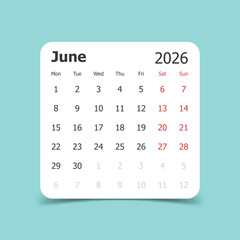 Calendar june 2026 icon in flat style. Planner vector illustration on isolated background. Calender sign business concept.