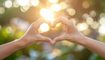 Two hands making heart shape with warm sunlight and natural bokeh background, concept of love, care, kindness, positivity, and human connection in nature.