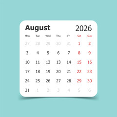 Calendar august 2026 icon in flat style. Planner vector illustration on isolated background. Calender sign business concept.