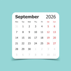 Calendar september 2026 icon in flat style. Planner vector illustration on isolated background. Calender sign business concept.