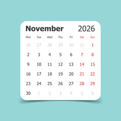Calendar november 2026 icon in flat style. Planner vector illustration on isolated background. Calender sign business concept.