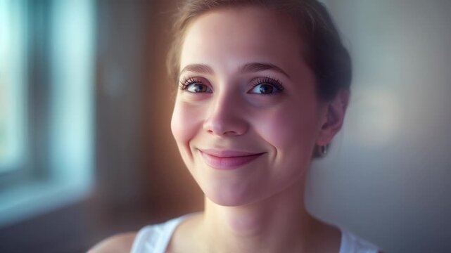 Fluttering eyelids waking adult woman opening eyes and smiling in softly lit room with window glow