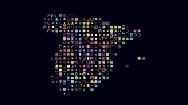 Spain map animation. Shape of the country with pulsating colored dots. Large size rounded square blocks. Digital style Spain map on dark background. Plain video.