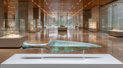 Ancient Bronze Dagger Displayed in Modern Museum Hall with Glass Cases and Warm Lighting