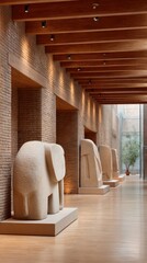 Ancient Carved Elephant Statues Displayed In A Museum Hallway With Warm Spotlight Illumination And Architectural Details