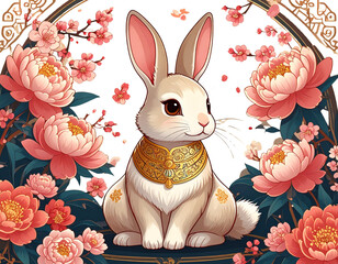 Year of the Rabbit 2023 Illustration, Sitting Rabbit with Floral Accents, isolated