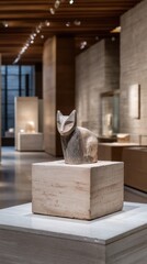 Ancient Clay Animal Sculpture Displayed on Pedestal in Museum Exhibition Hall Soft Ambient Lighting