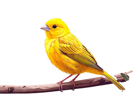  Yellow Canary Perched Among Tropical Leaves, side view, isolated