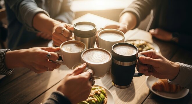 High angle view of friends toasting with coffee cups — representing friendship, energy, and morning routine