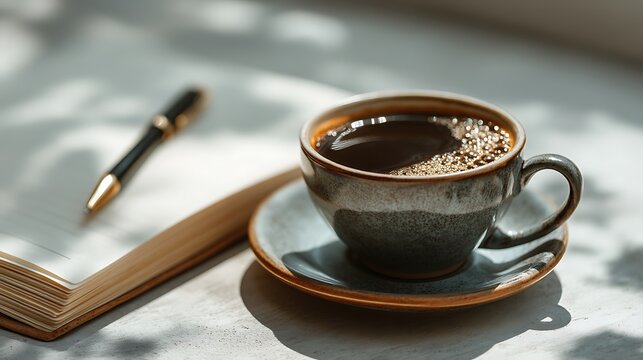 Soft natural light illuminates a cup of black coffee beside an open notebook and pen creating a peaceful morning moment of focus and inspiration for creative professionals. - Powered by Adobe