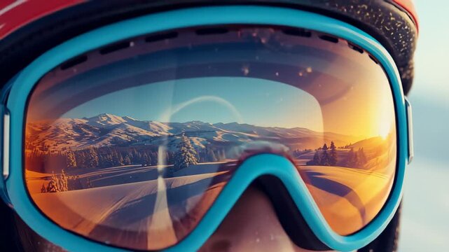 Watching sunrise reflection in turquoise goggles guiding skier scanning ski slope preparing descent