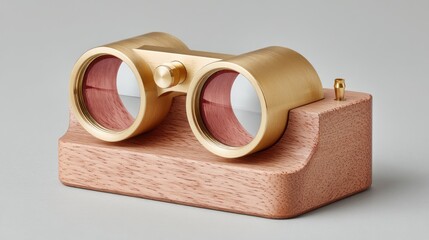 Antique Brass Stereoscope On Textured Pink Stand Featuring Reflective Lenses And Gold Accents Clean Studio Lighting With A Neutral Gray Background