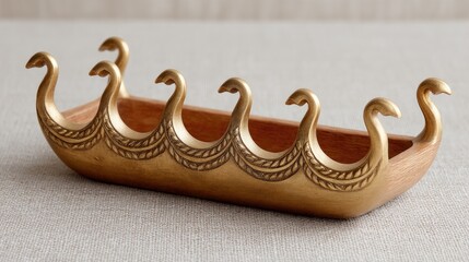 Antique bronze incense holder shaped like a Viking longship with ornate carvings on a textured neutral background, showcasing detailed craftsmanship and historical design elements.