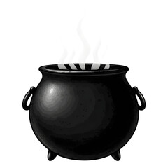 Black cauldron with steaming brew on black background