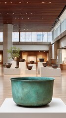 Antique Bronze Ritual Vessel With Textured Surface Displayed In A Museum Gallery With Soft Natural Lighting And An Out Of Focus Background Showcasing Other Artifacts On Pedestals And Wall Displays