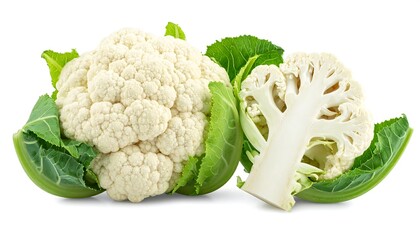 Healthy white cauliflower and a cross-section with green leaves