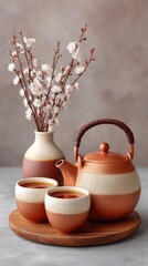 Antique Copper Kettle And Teacups With Cherry Blossom Branches In A Vase On A Textured Surface