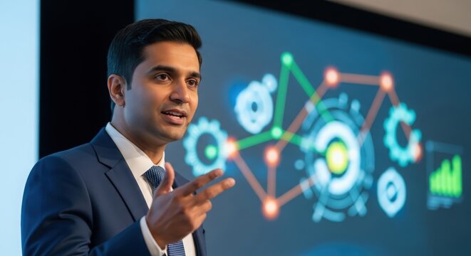 Focused Indian presenter addressing audience &mdash; symbolizing innovation, strategy, and corporate insight