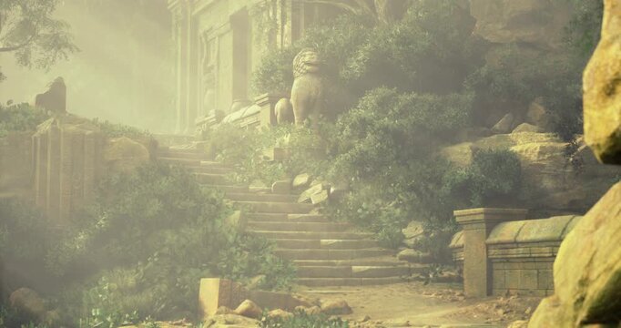 A serene staircase leads through lush greenery towards an ancient structure, partially hidden in mist. Stone sculptures stand guard, adding a mystical touch to the scene.