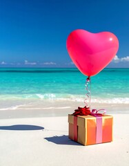 Heart-shaped balloon floats above gift on pristine beach, sunny skies