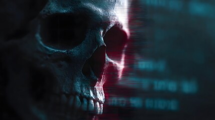 Skull with digital glitch effect on a dark computer screen displaying code