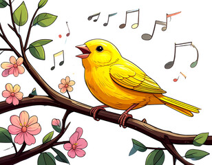 Yellow Canary Singing with Floating Musical Notes, side view, isolated