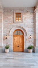 Arched Wooden Doors Set Within A Textured Stone Building Facade With Dormer Window And Outdoor Sconces In Daytime