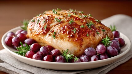 Appetizing Roasted Turkey Breast Glazed Golden Brown and Garnished with Fresh Parsley Served with Juicy Red Grapes and Rosemary Sprigs on a White Plate in a Warmly Lit Studio Setting