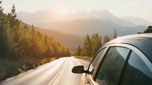 Sunrise guiding metallic car navigating mountain road past pine trees, with side mirror, copy space